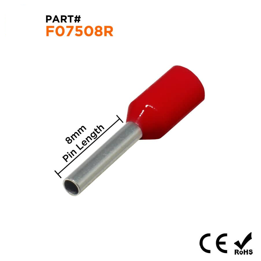 F07508R - 20 AWG Insulated Wire Ferrules, 8mm Pin, Red, 500 Pieces