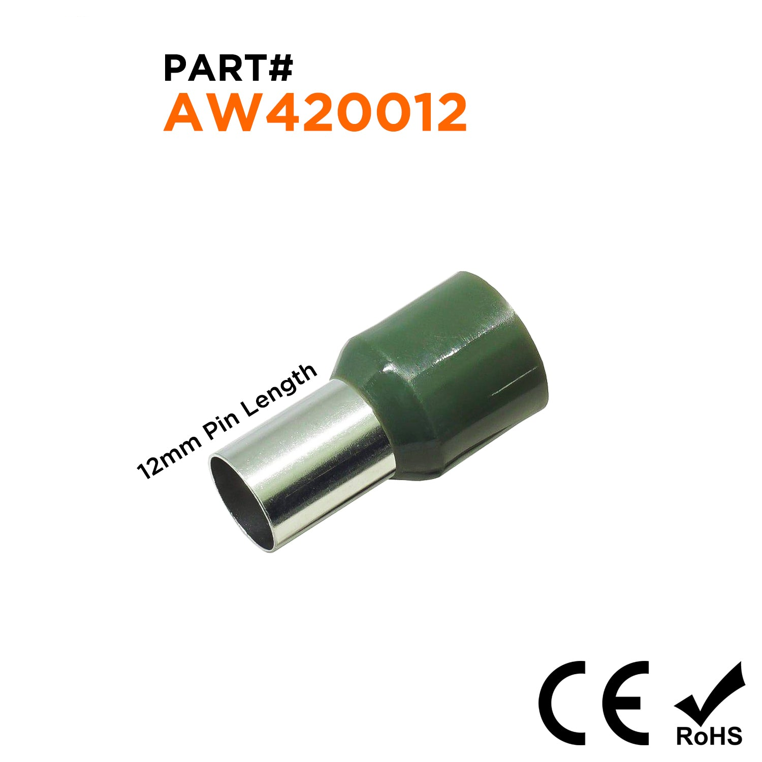 AW420012 - 1 AWG (Small Diameter) Insulated Wire Ferrules, 12mm Pin, Olive Green, 50 Pieces