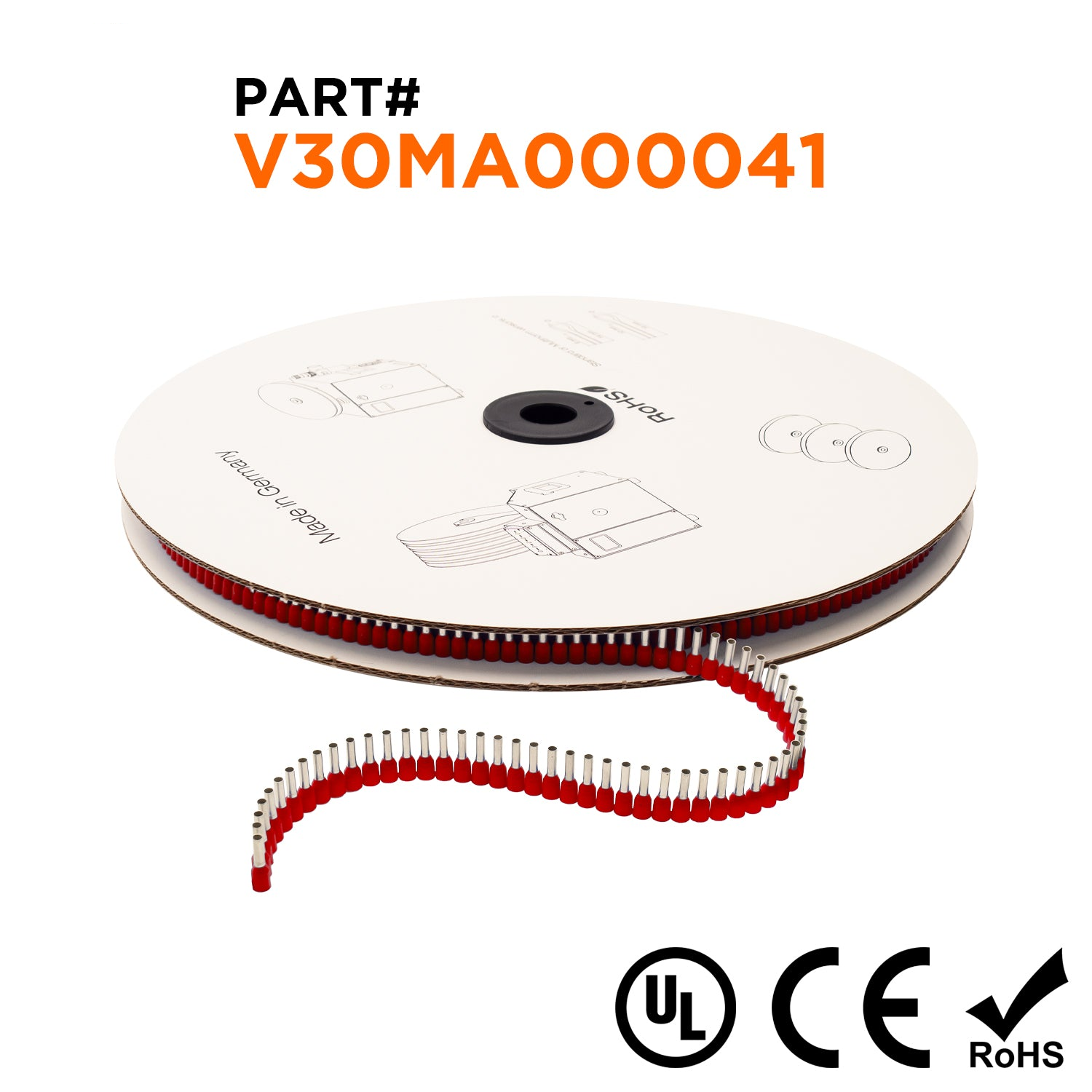 Z+F V30MA000041 - 16 AWG Insulated Wire Ferrules, 8mm Pin, Red, 5,000 pieces Reel/Spool - 5000 Pieces