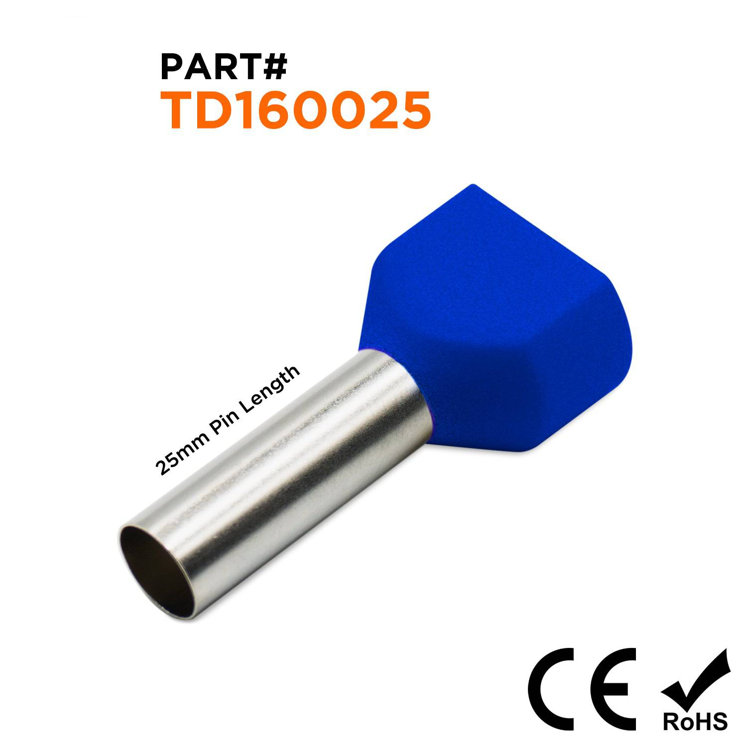 TD160025 - 2x6 AWG (25mm Pin) Twin Wire Ferrules - Blue, 100 Pieces
