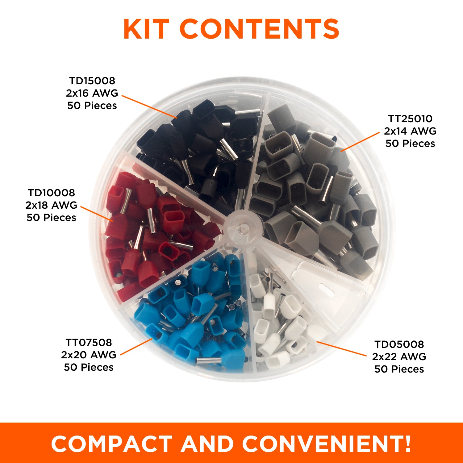 SK2214TT - 22 to 14 AWG Insulated Twin Wire Ferrules Mini Kit, 250 Pieces, Series T, 1 Kit