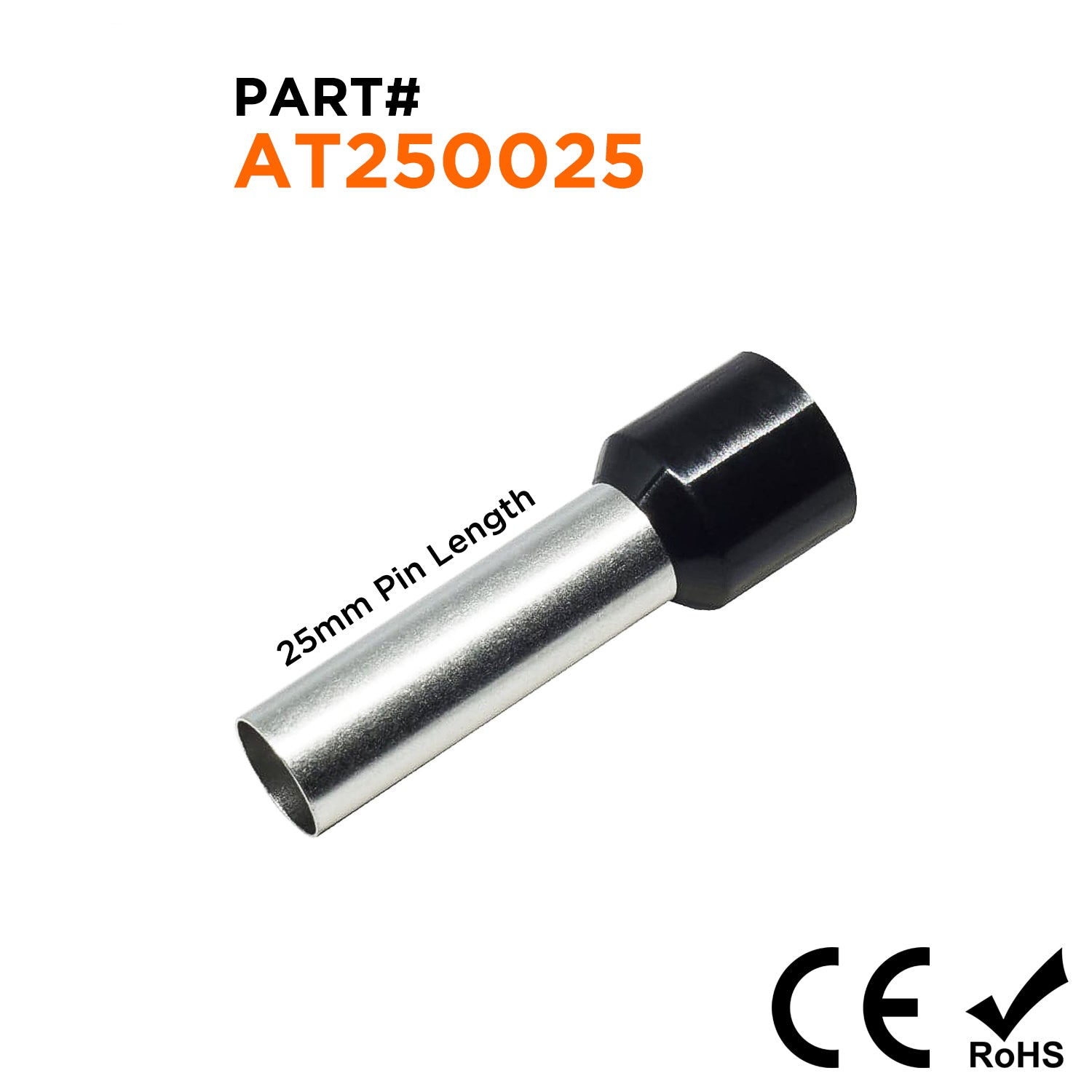 AT250025 - 4 AWG Insulated Wire Ferrules, 25mm Pin, Black, 100 Pieces
