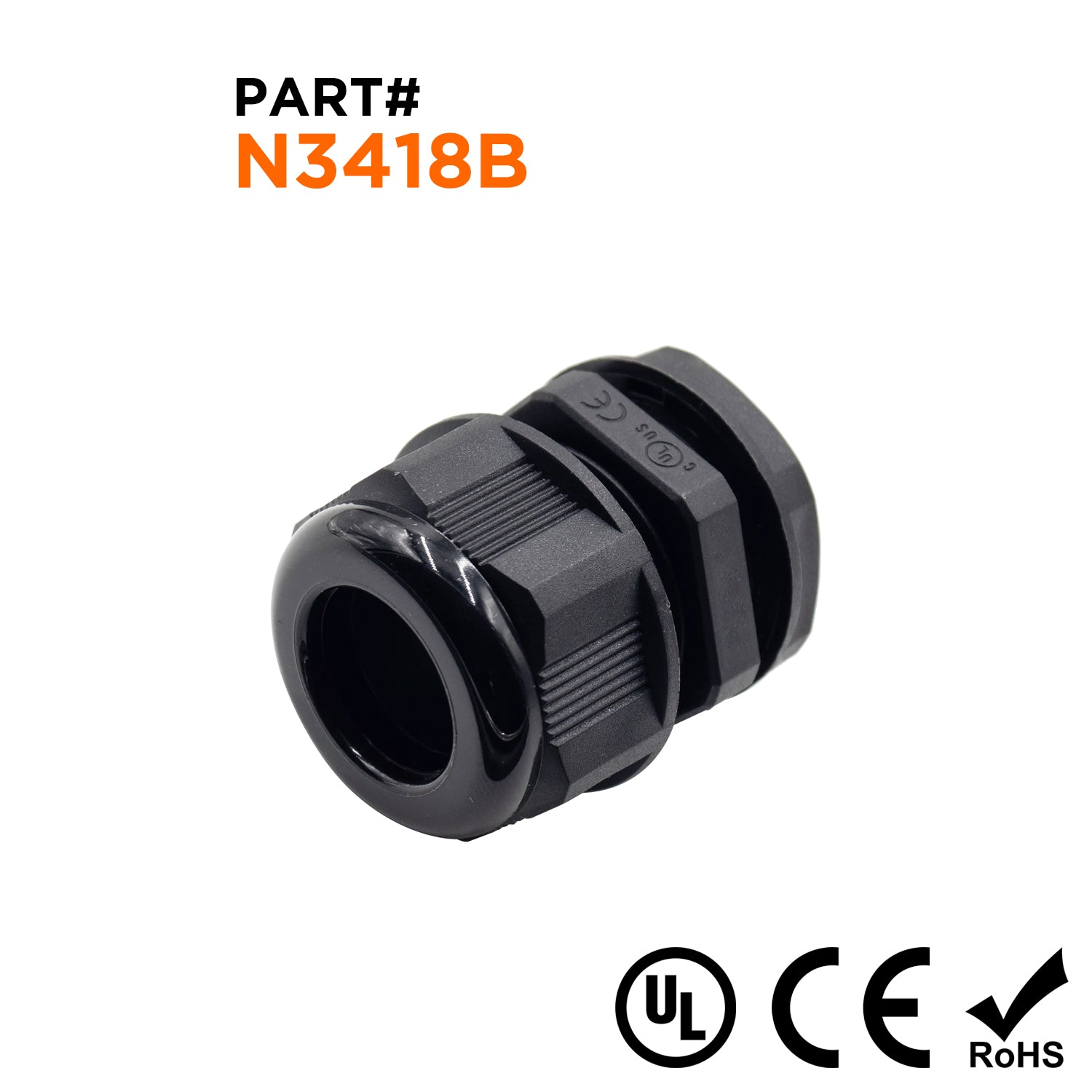 N3418B - 3/4" NPT Rosca De nailon Prensaestopas, Negro, Rango: 1/2" a 11/16", UL Listed, IP68, IP69K - 1 pieza