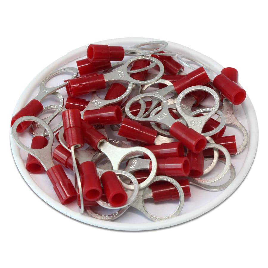RNY1-10 - 22 to 16 AWG Nylon Insulated Ring Terminals, 3/8" Stud, Butted Seam, 100 Pieces
