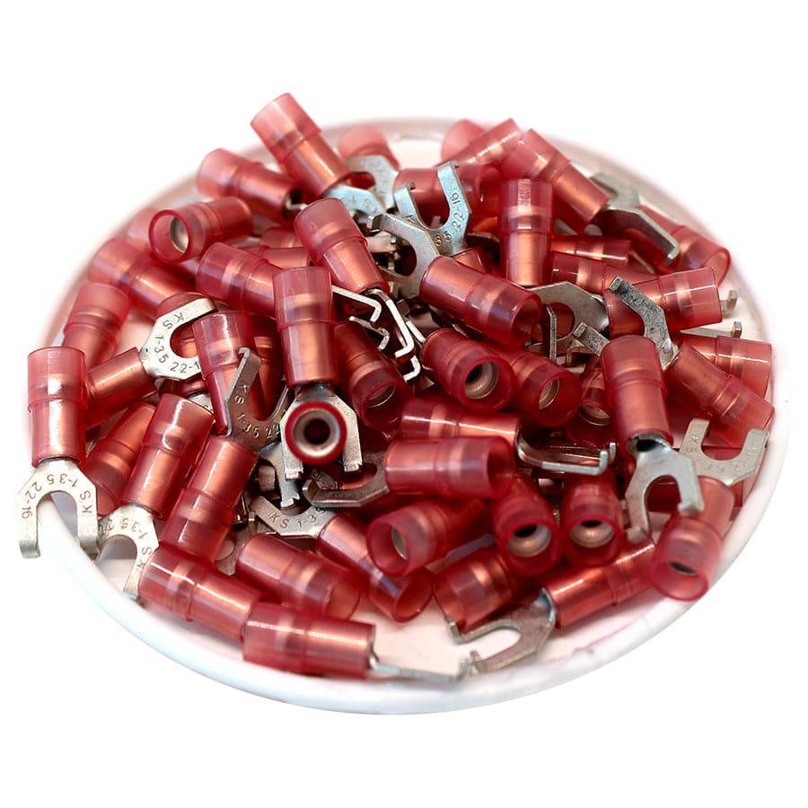 FSNYD1-37 - 22 to 16 AWG Nylon Insulated Flange Spade Terminals, #6 Stud, Double Crimp, 100 Pieces