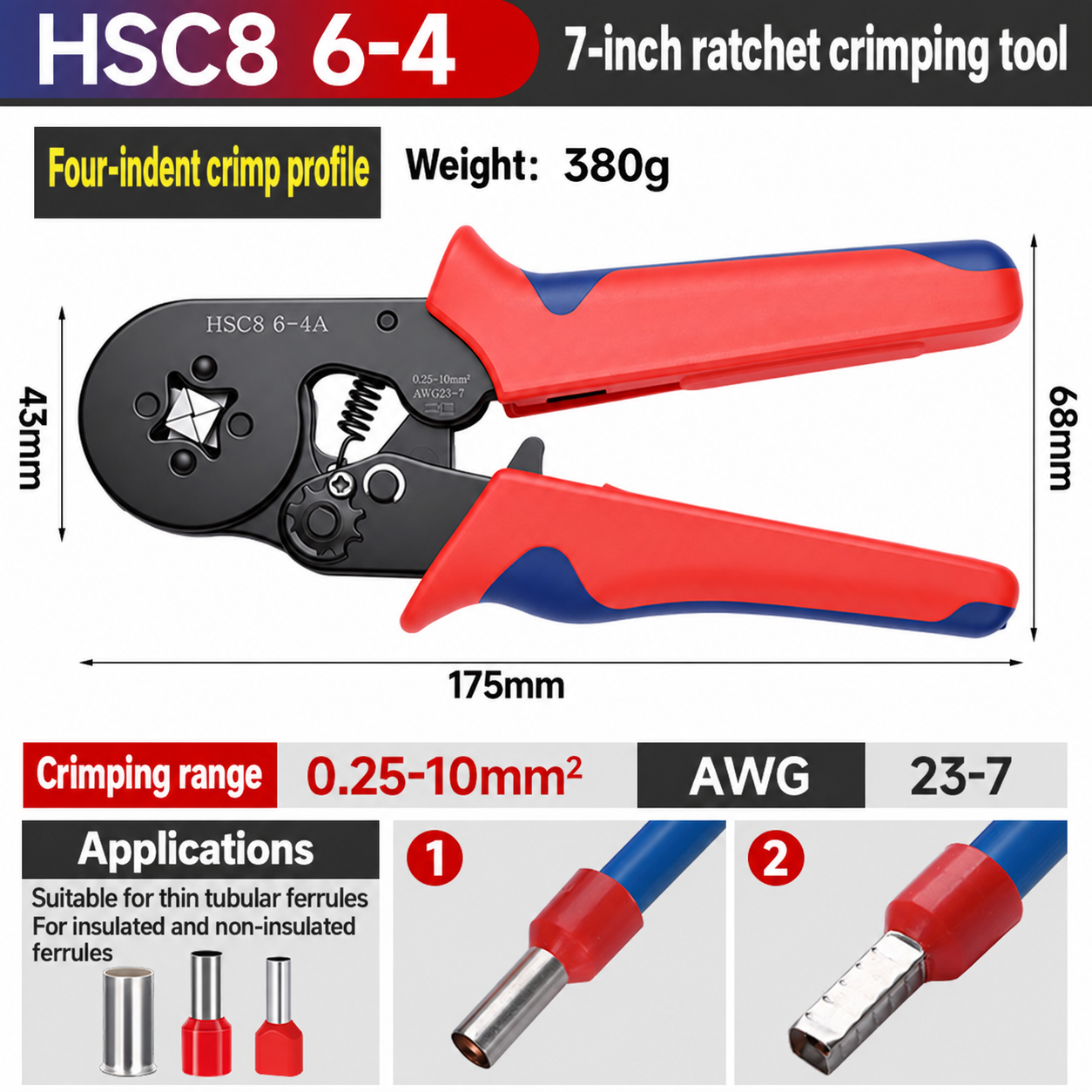 HSC8 6-4A, crimpadora de carraca para punteras, 0,25–10 mm²