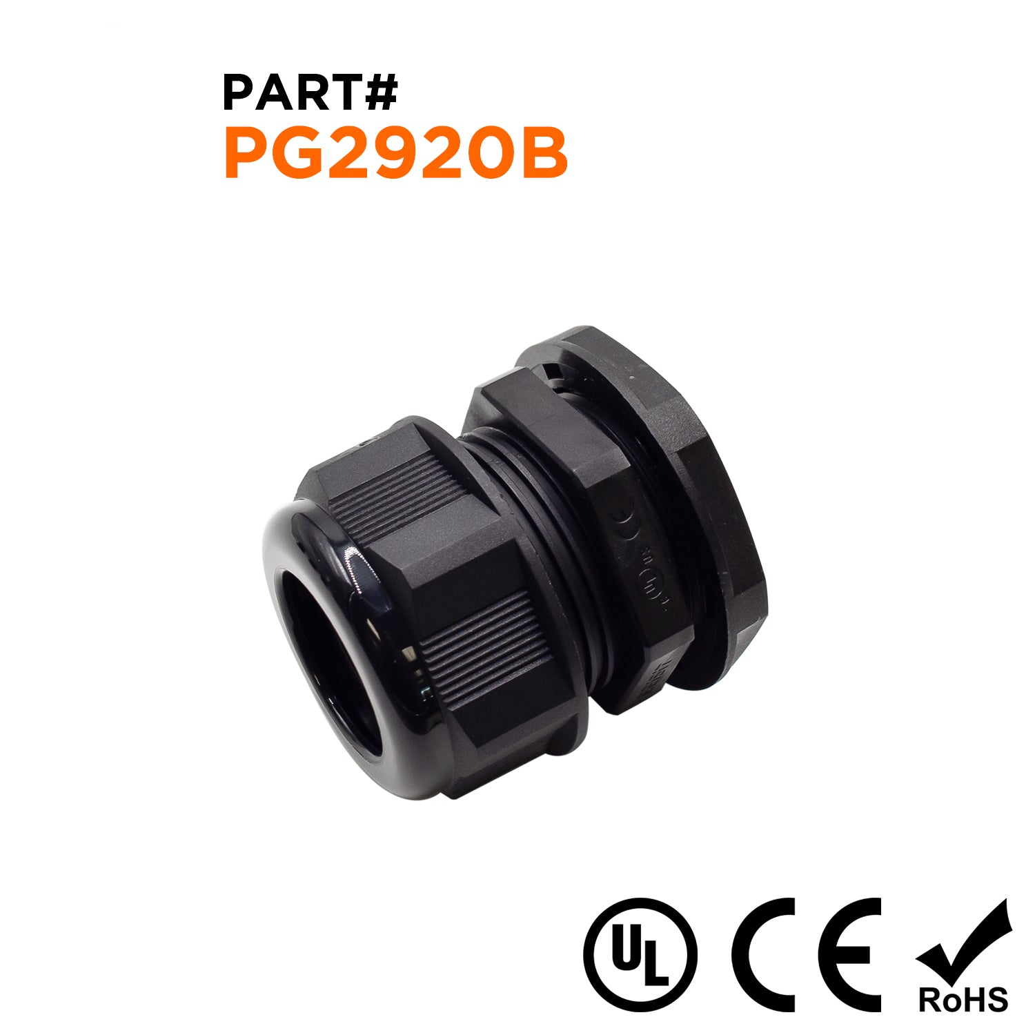 P2920B - PG29 Rosca De nailon Prensaestopas, Negro, Rango: 1/2" a 13/16", UL Listed, IP68, IP69K - 1 pieza