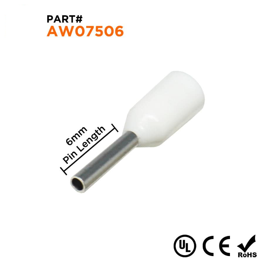 AW07506 - 20 & 18 AWG Insulated Wire Ferrules, 6mm Pin, White, UL Recognized, 500 Pieces