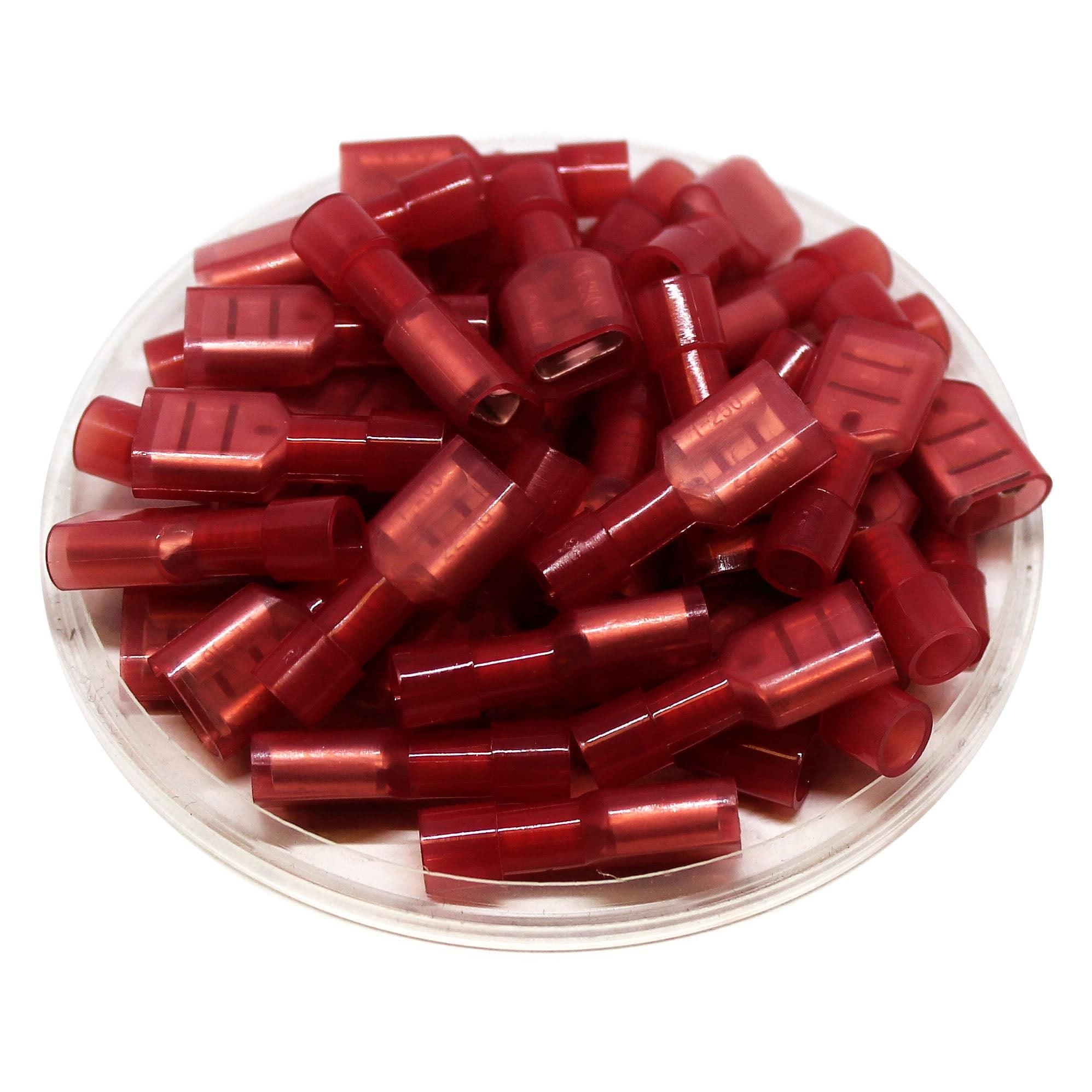 FDFN1-250 - 22 to 16 AWG Nylon Insulated Quick Disconnects, Female, Fully Insulated, Red, 100 Pieces