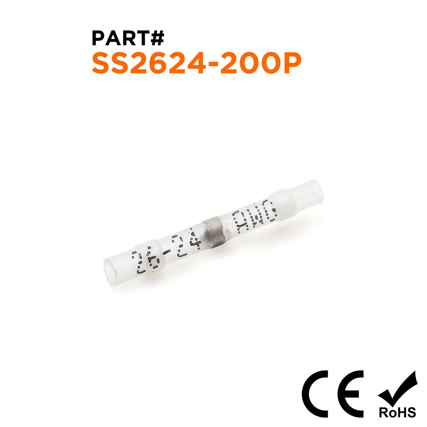 SS2624-200P - 26 a 24 AWG Termorretráctiles Solder Sleeves, con Printing, Blanco, 200 piezas