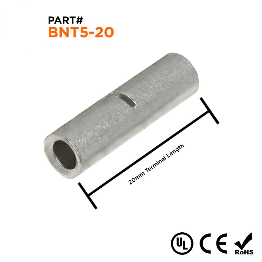 12-10 AWG Non Insulated Butt Splice Connectors, 13/16" Length, UL Approved, 25 Pieces - BNT5-20