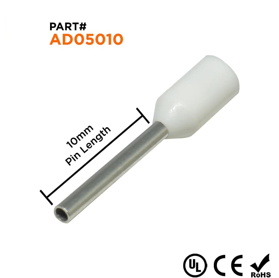 AD05010 - 22 & 20 AWG Insulated Punteras, 10mm Pin, Blanco, UL Recognized, 500 piezas