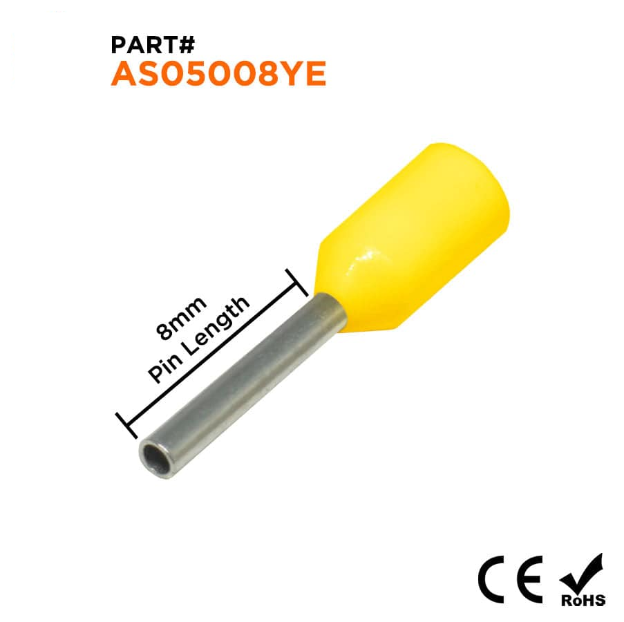 AS05008YE - 22 & 20 AWG Insulated Wire Ferrules, 8mm Pin, Yellow, 500 Pieces