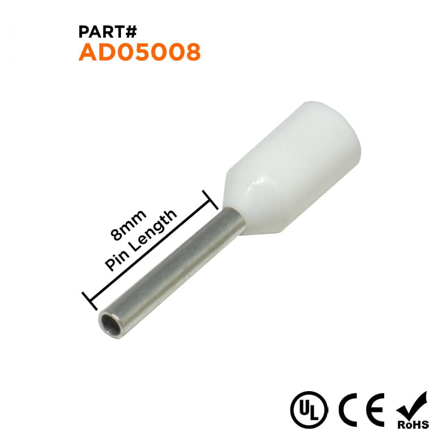 AD05008 - 22 & 20 AWG Insulated Punteras, 8mm Pin, Blanco, UL Recognized, 500 piezas