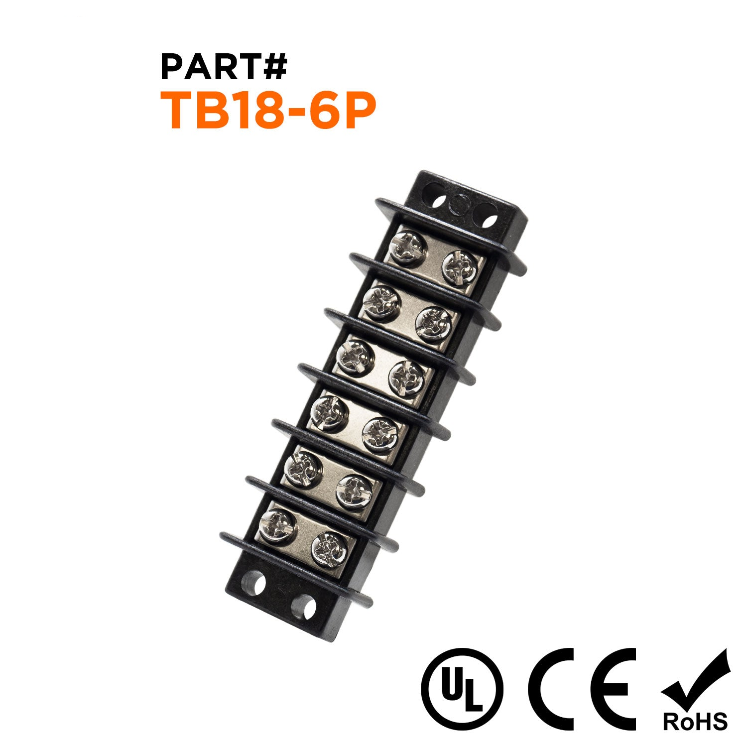 TB18-6P - Barrier Strip Terminal Block, Terminal Strip, 6 Pole, Double Row, 20A, 300V, UL Approved, 1 pieza