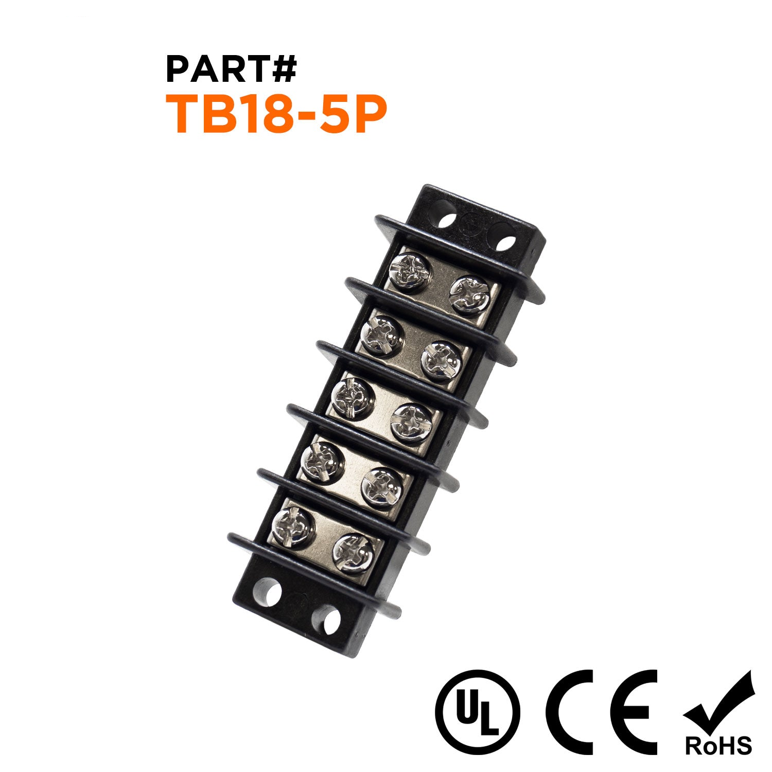 TB18-5P - Barrier Strip Terminal Block, Terminal Strip, 5 Pole, Double Row, 20A, 300V, UL Approved, 1 pieza