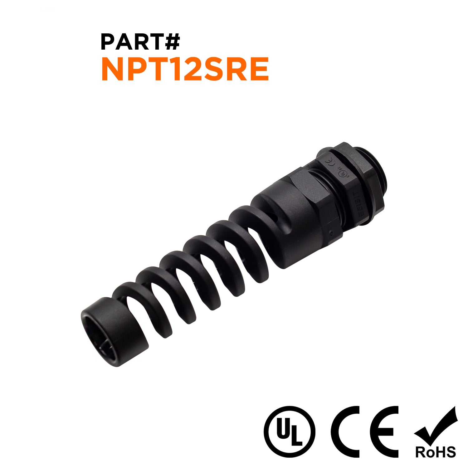 N1214SRB - 1/2" NPT Rosca De nailon Prensaestopas con Alivio de tensión, Negro, Rango: 3/8" a 9/16", UL Listed, IP68, IP69K - 1 pieza