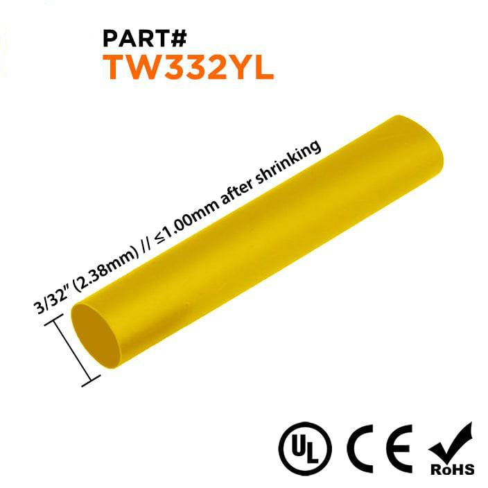 TW332YL - 3/32" De pared fina Tubo termorretráctil, 2:1 Relación de contracción, Amarillo, Bobina de 500ft