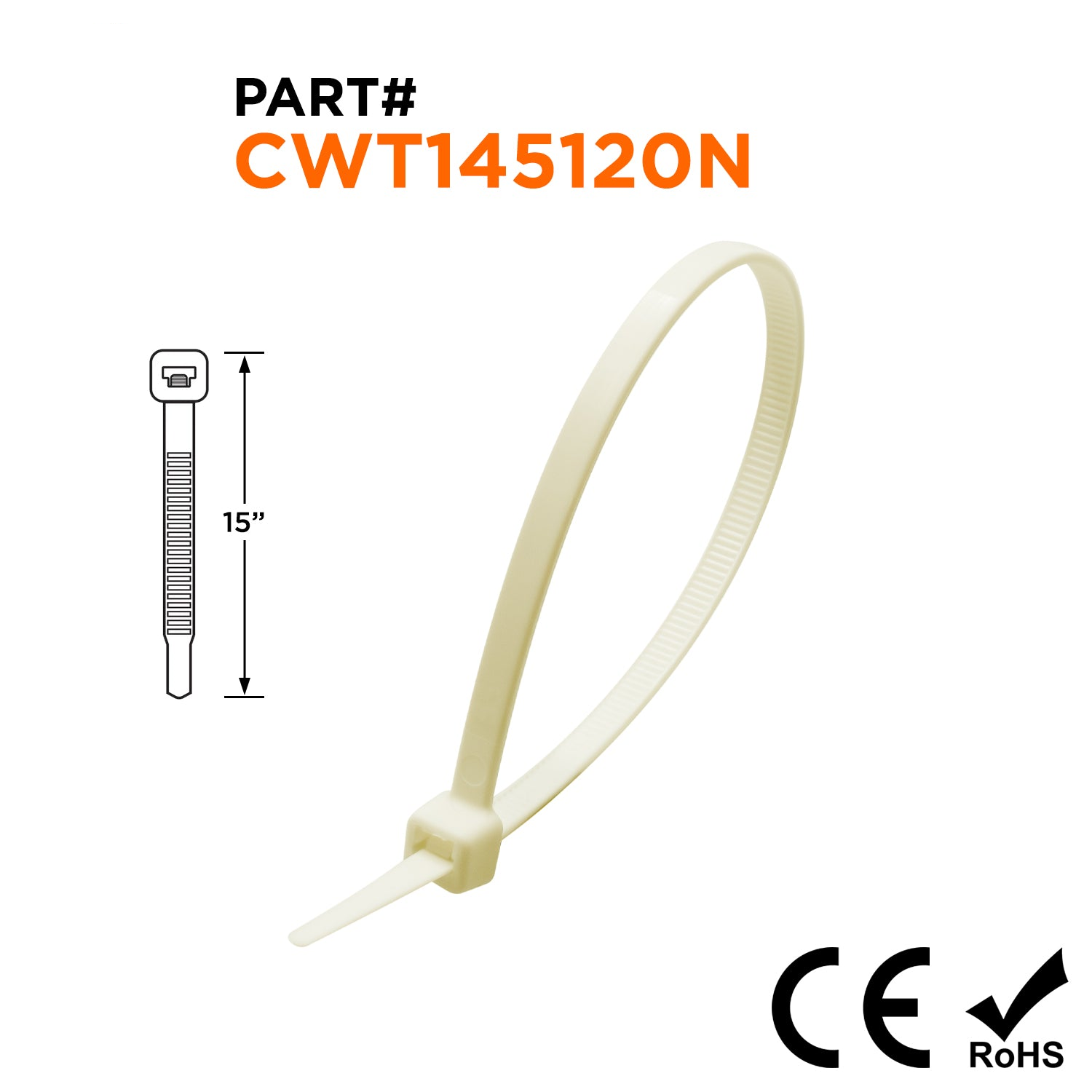 CWT145120 - 14 1/2" Extreme Temperature Standard Cable Ties, 50-lb Tensile Strength, Natural, 100-Pack