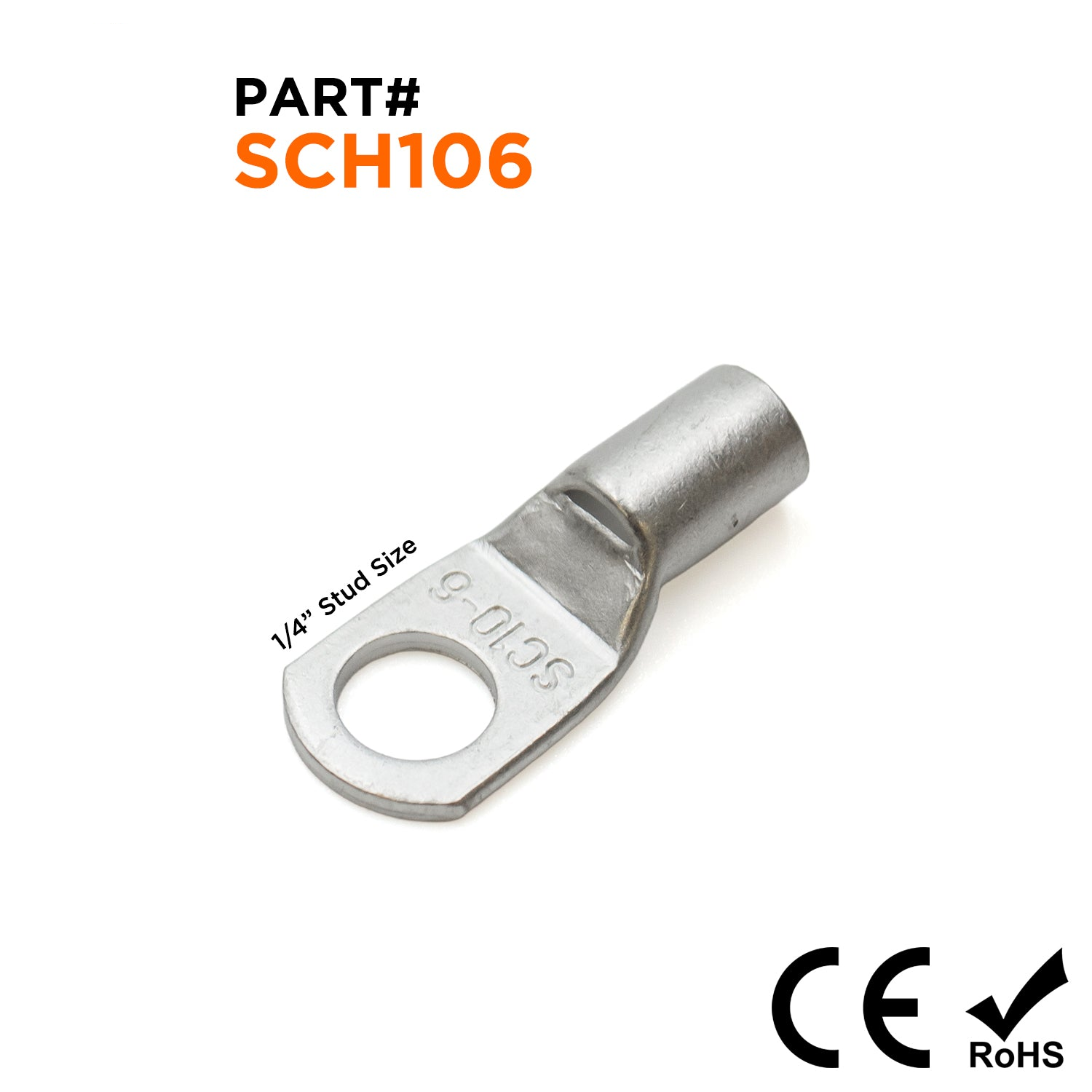 SCH106 - 8 AWG Sin aislamiento Tubular Ring Lugs, 1/4" Orificio, 50 piezas