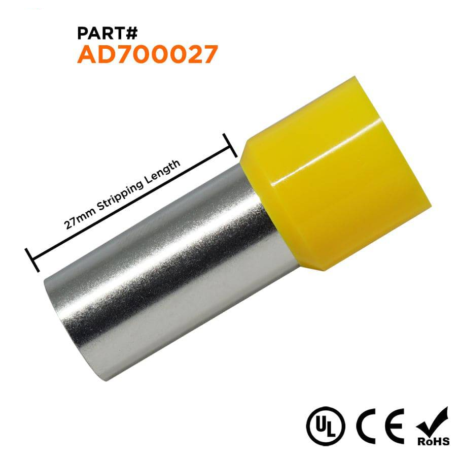 AD700027 - 2/0 AWG Single Insulated Wire Ferrules, 27mm Pin, Yellow, UL Recognized, 25 Pieces