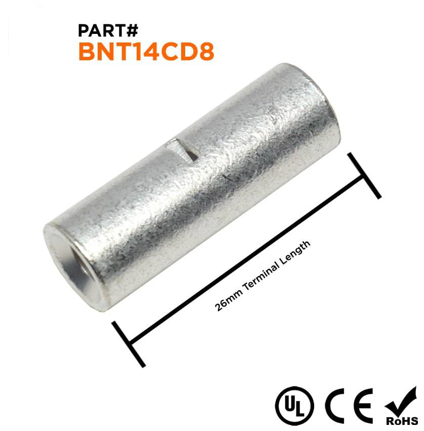 BNT14CD8 - 6 AWG to 8 AWG Non Insulated Step Down Butt Splice Connectors, 10 Pieces