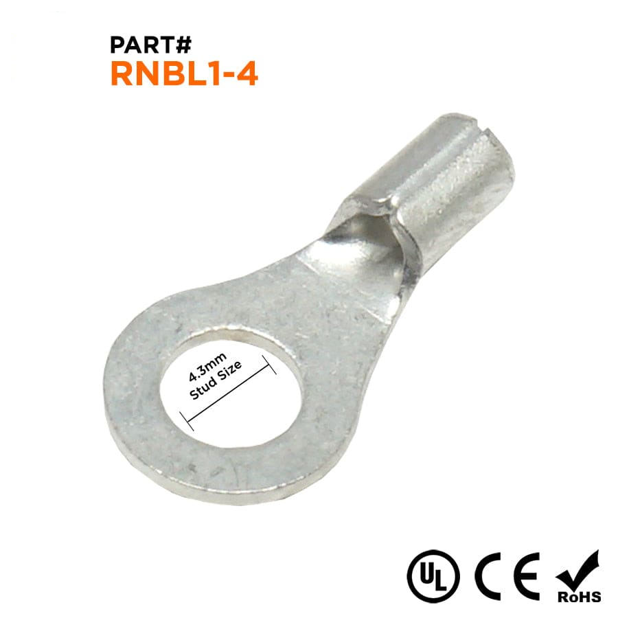 RNBL1-4 - 22 a 16 AWG Sin aislamiento Terminales de anillo, #8 Orificio, UL Recognized, 100 piezas