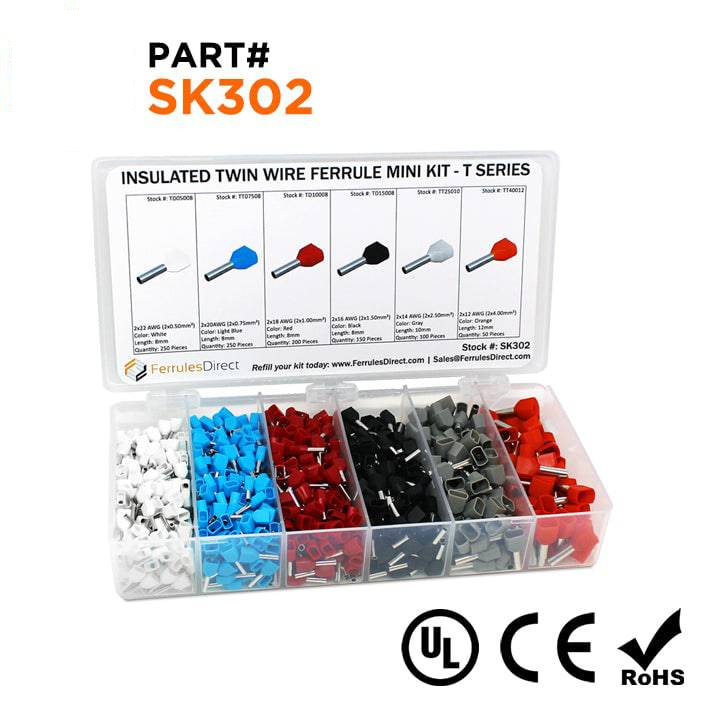 SK302 - 22 to 12 AWG Twin Wire Ferrules Mini Kit, 1,000-Pieces, T Series, 1 Kit