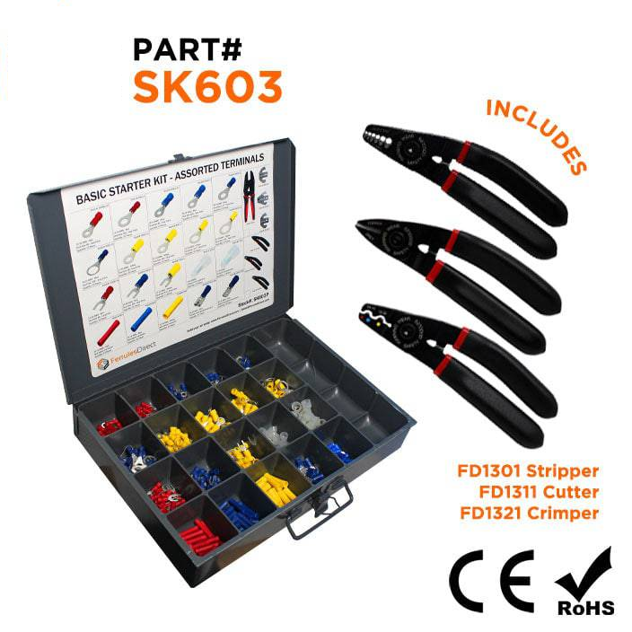 SK603 - 22 a 10 AWG Surtido Terminales Kit + FD1301, FD1311 & FD1321 Tools, 525 piezas, 1 Kit