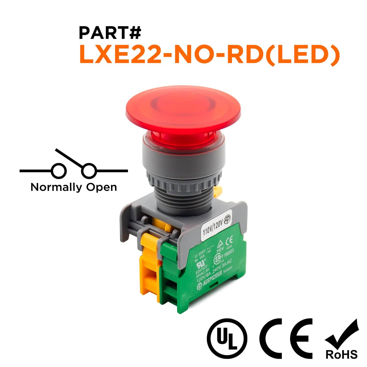 LXE22-NO-RD(LED) - 40mm Red Illuminated Mushroom Head Push Button, LED, (NO), 1 Piece