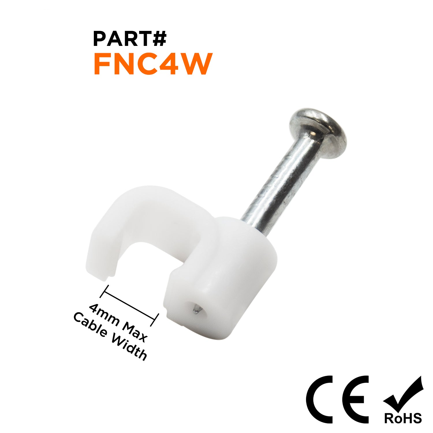 FNC4W - Nail In Cable Clips, Cable Nails Tacks, Flat, 4mm, 0.16", White, 100 Pieces