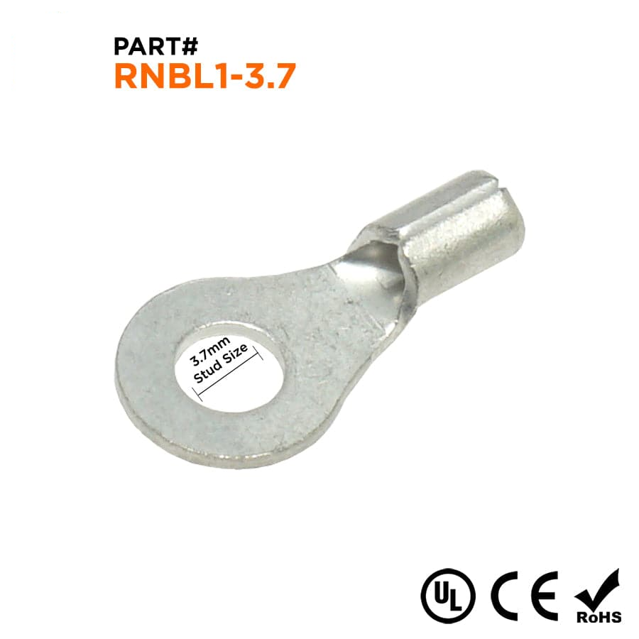 RNBL1-37 - 22 a 16 AWG Sin aislamiento Terminales de anillo, #6 Orificio, UL Recognized, 100 piezas