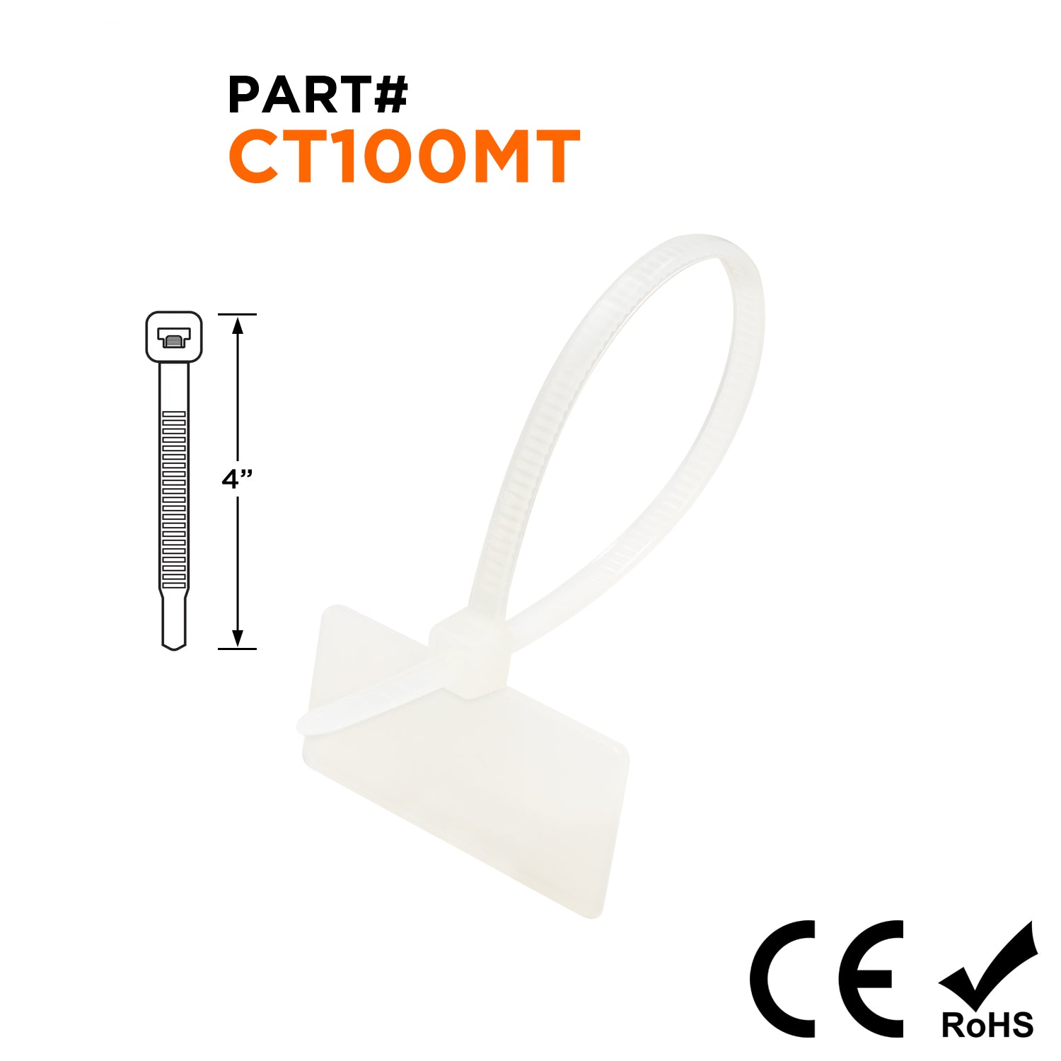CT100MT - 4" Identification Nylon Cable Ties, 18-Lb Tensile Strength, Natural, UL Recognized, 100 Pieces