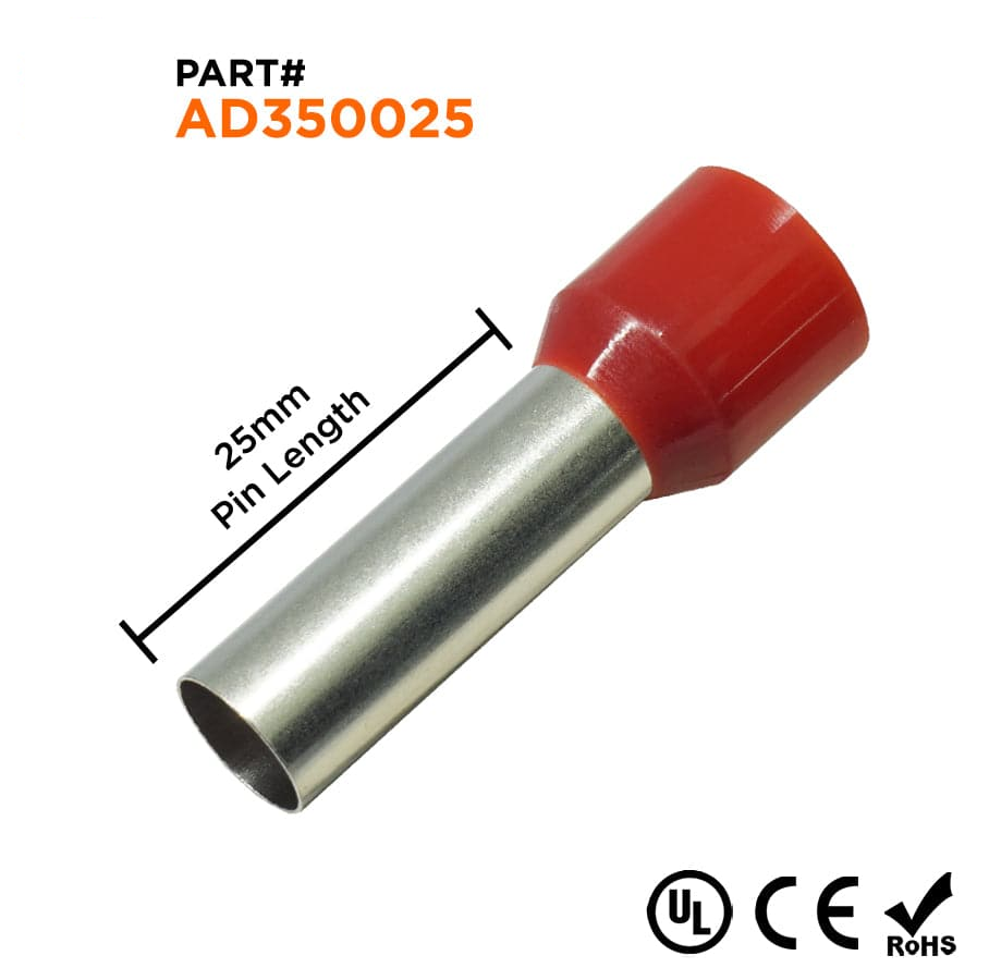 AD350025 - 2 AWG Single Insulated Punteras, 25mm Pin, Rojo, UL Recognized, 100 piezas