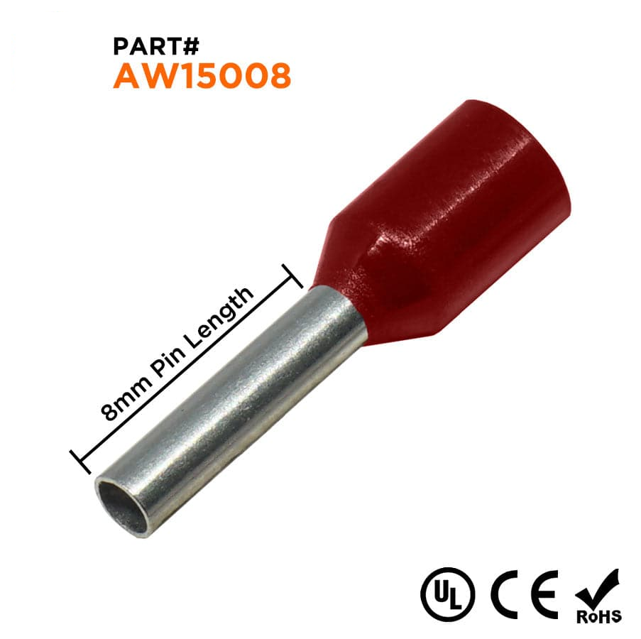 AW15008 - 16 AWG Insulated Wire Ferrules, 8mm Pin, Red, UL Recognized, 500 Pieces