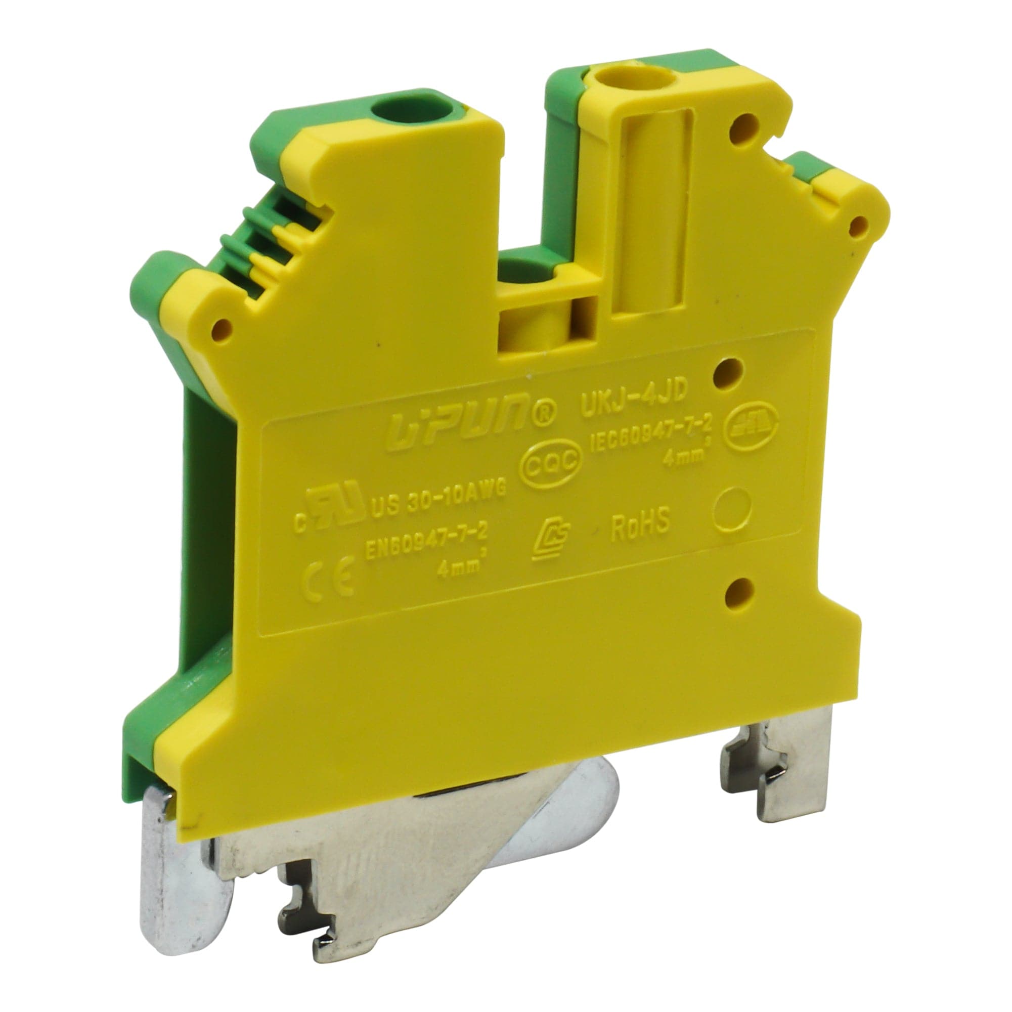 UKJ-4JD - 24 a 10 AWG Screw Clamp, Feed-Thru, Terminal Block, UL Approved, Amarillo-Verde