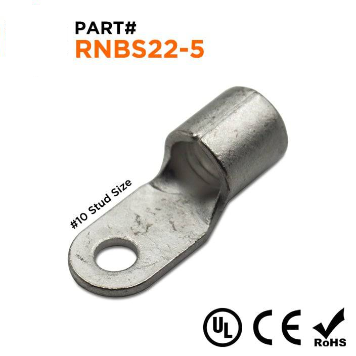 RNBS22-5 - 4 AWG Sin aislamiento Terminales de anillo, #10 Orificio, UL Recognized, 25 piezas