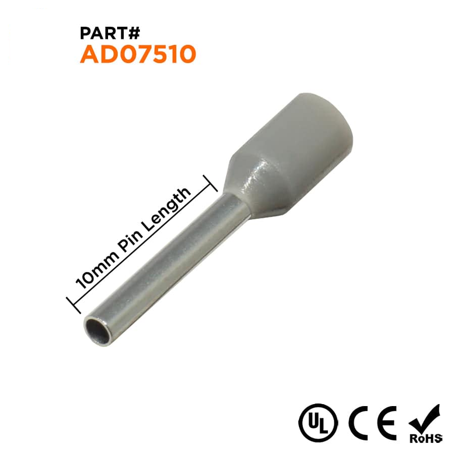 AD07510 - 20 & 18 AWG Insulated Punteras, 10mm Pin, Gris, UL Recognized, 500 piezas
