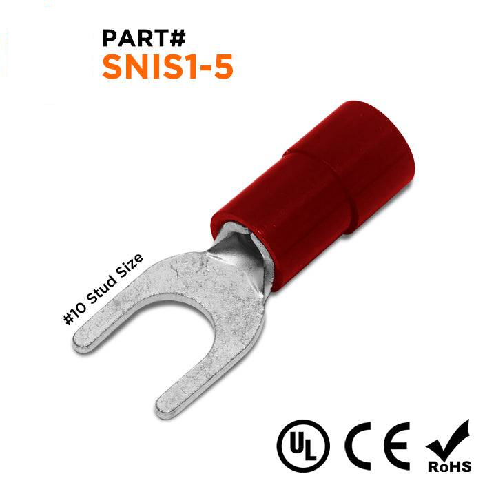 SNIS1-5 - 22 a 16 AWG Polycarbonate Terminales de horquilla, #10 Orificio, UL Recognized, 100 piezas