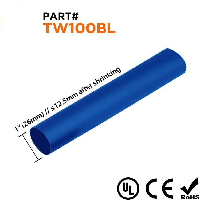 TW100BL - 1" De pared fina Tubo termorretráctil, 2:1 Relación de contracción, Azul, Bobina de 164ft