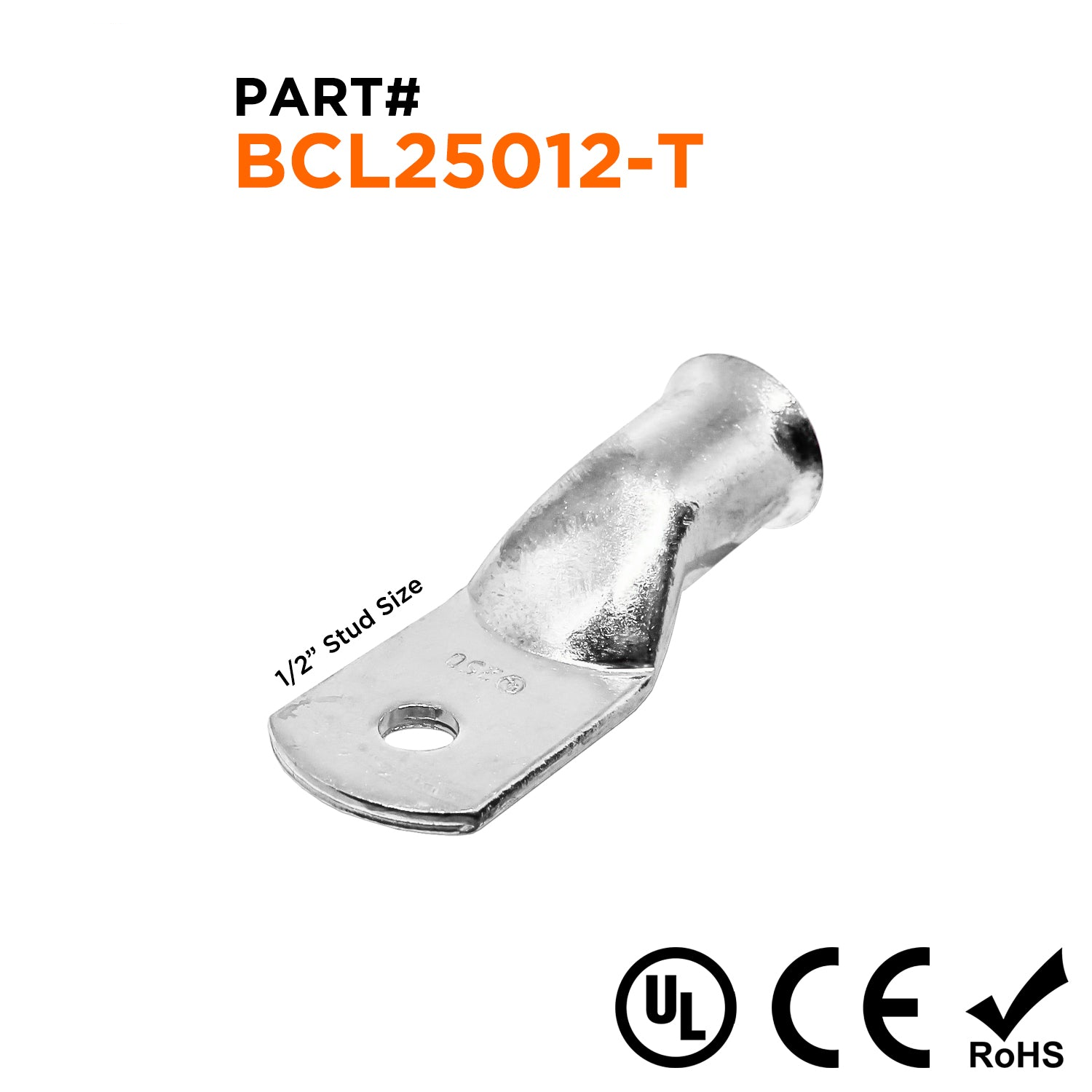BCL25012-T - 250 MCM Tin Plated Copper Battery Cable Lugs, Terminal Lugs, 1/2" Stud, 1 Piece