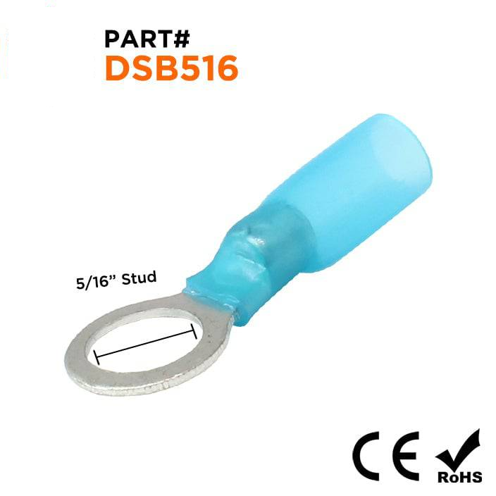 DSB516 - 16 to 14 AWG Heat Shrink Ring Terminals, 5/16" Stud, Polyolefin, 25 Pieces
