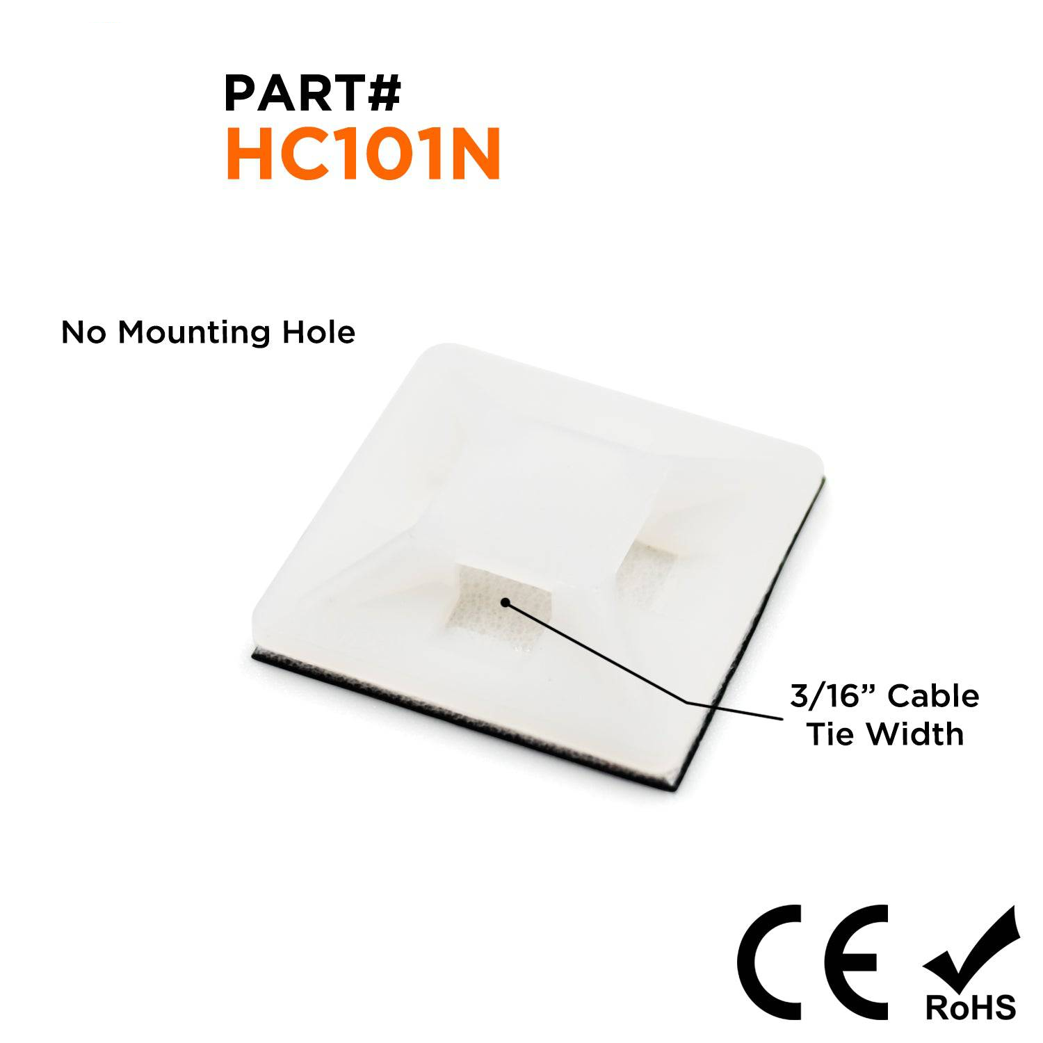 HC101N - 13/16"L x 13/16"W Nylon Self-Adhesive Tie Mounts - Cable Tie Width: 3/16", Natural, 100 Pieces