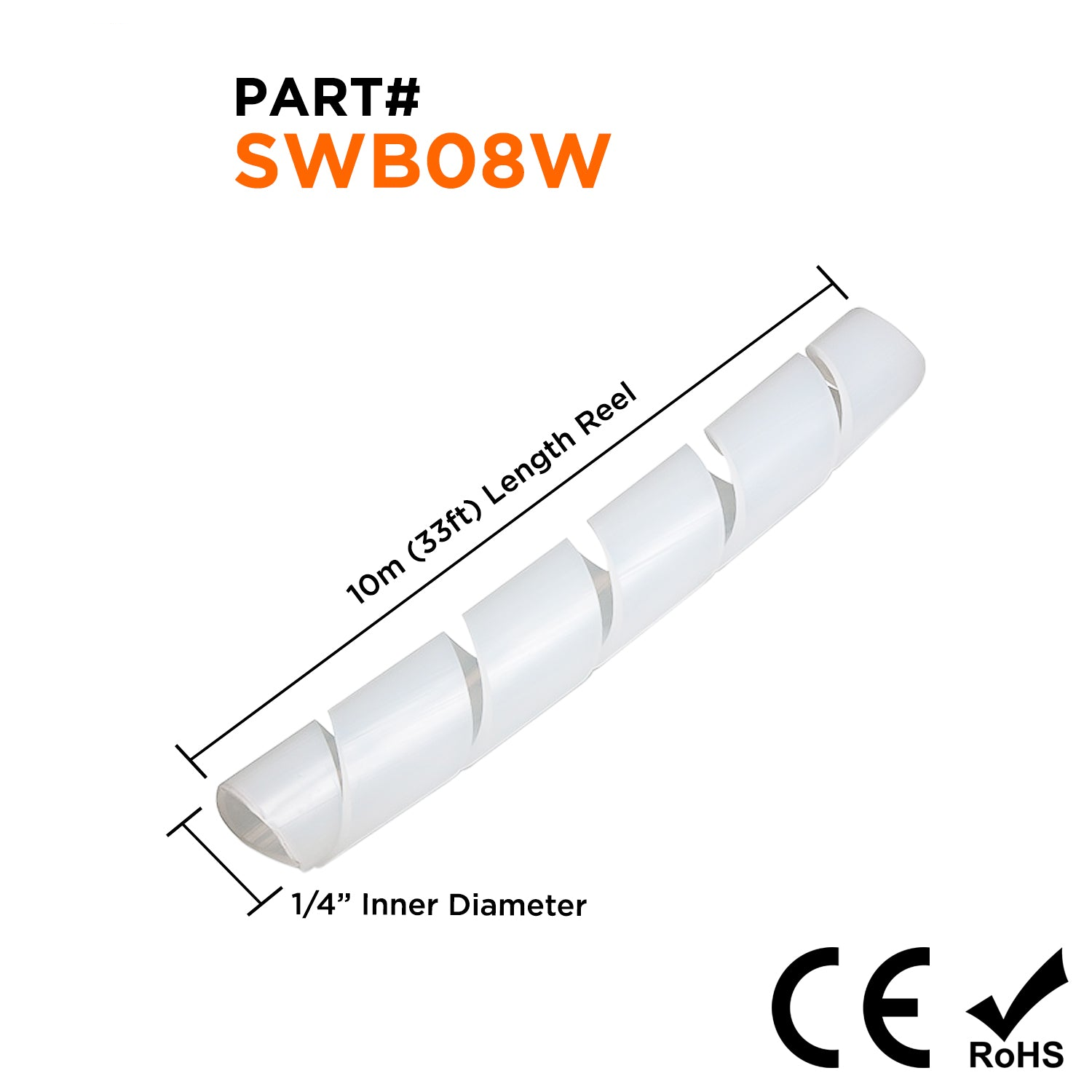 SWB08W - 1/4" Polyethylene Spiral Wrap Tubing, Cable Wrap, White, 33-ft Bundle