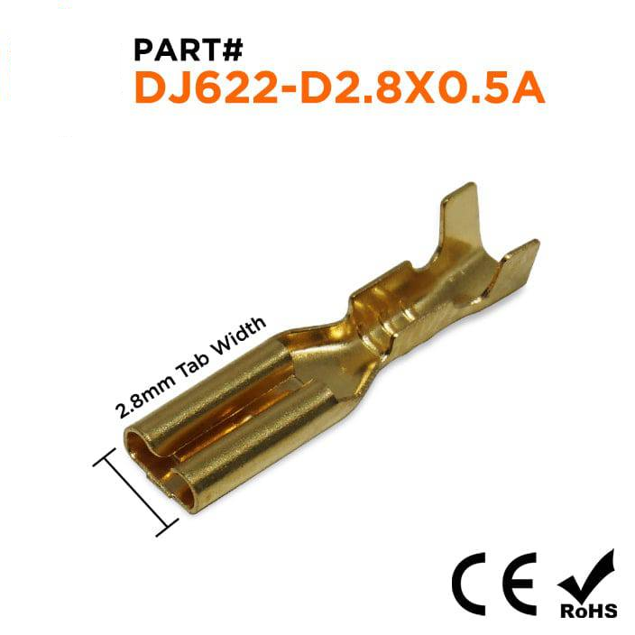 DJ622-D2.8X0.5A - 22 to 16 AWG Female Open Barrel Quick Disconnects, 100 Pieces