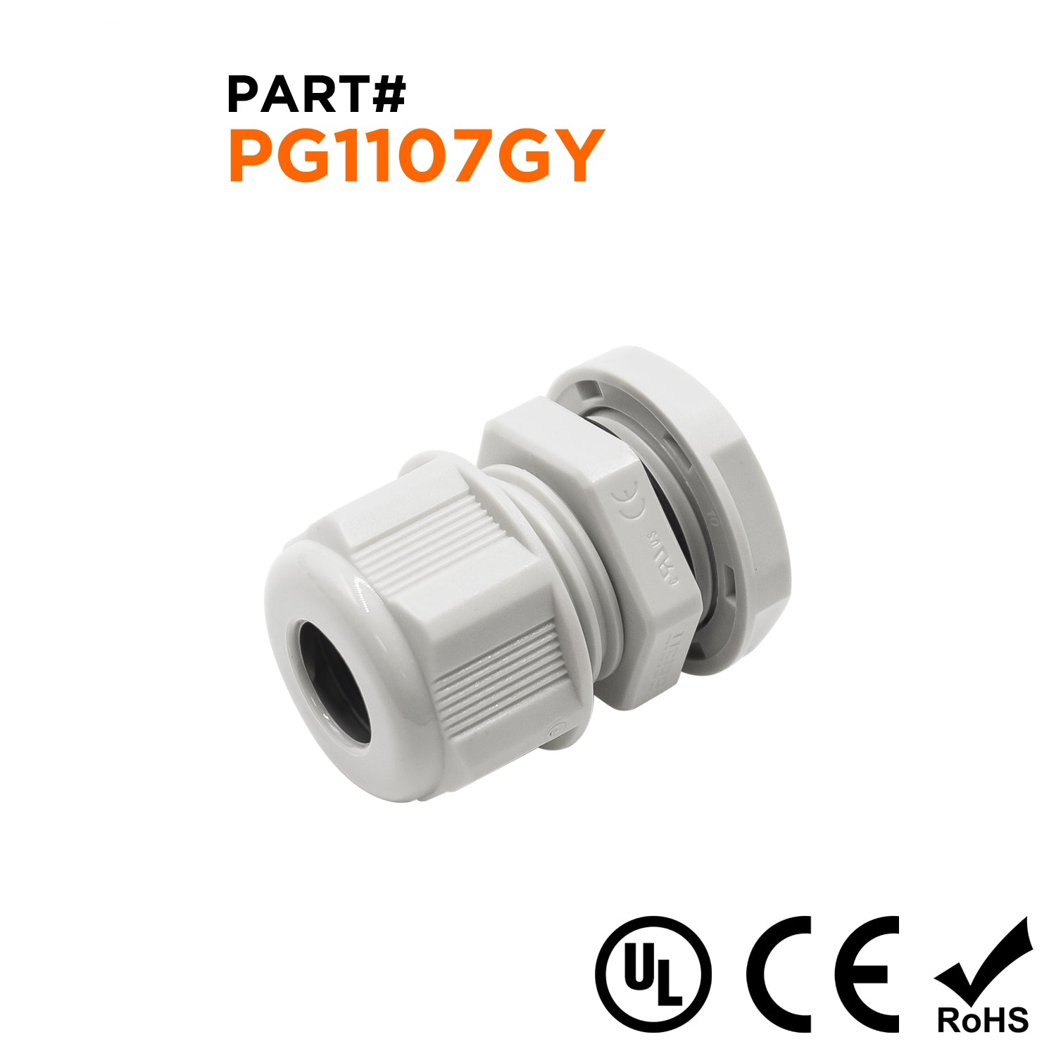 P1107GY - PG11 Thread Nylon Cable Gland, Gray, Range: 1/8" to 1/4", UL Listed, IP68, IP69K - 1 Piece