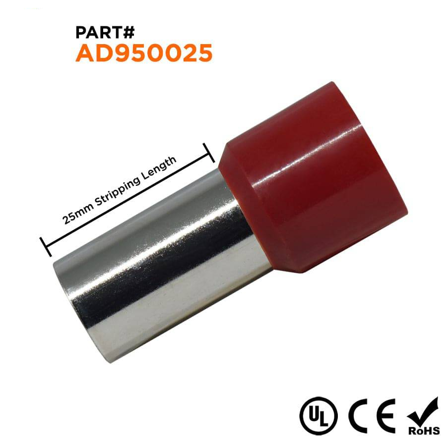 AD950025 - 3/0 AWG Single Insulated Wire Ferrules, 25mm Pin, Red, UL Recognized, 25 Pieces