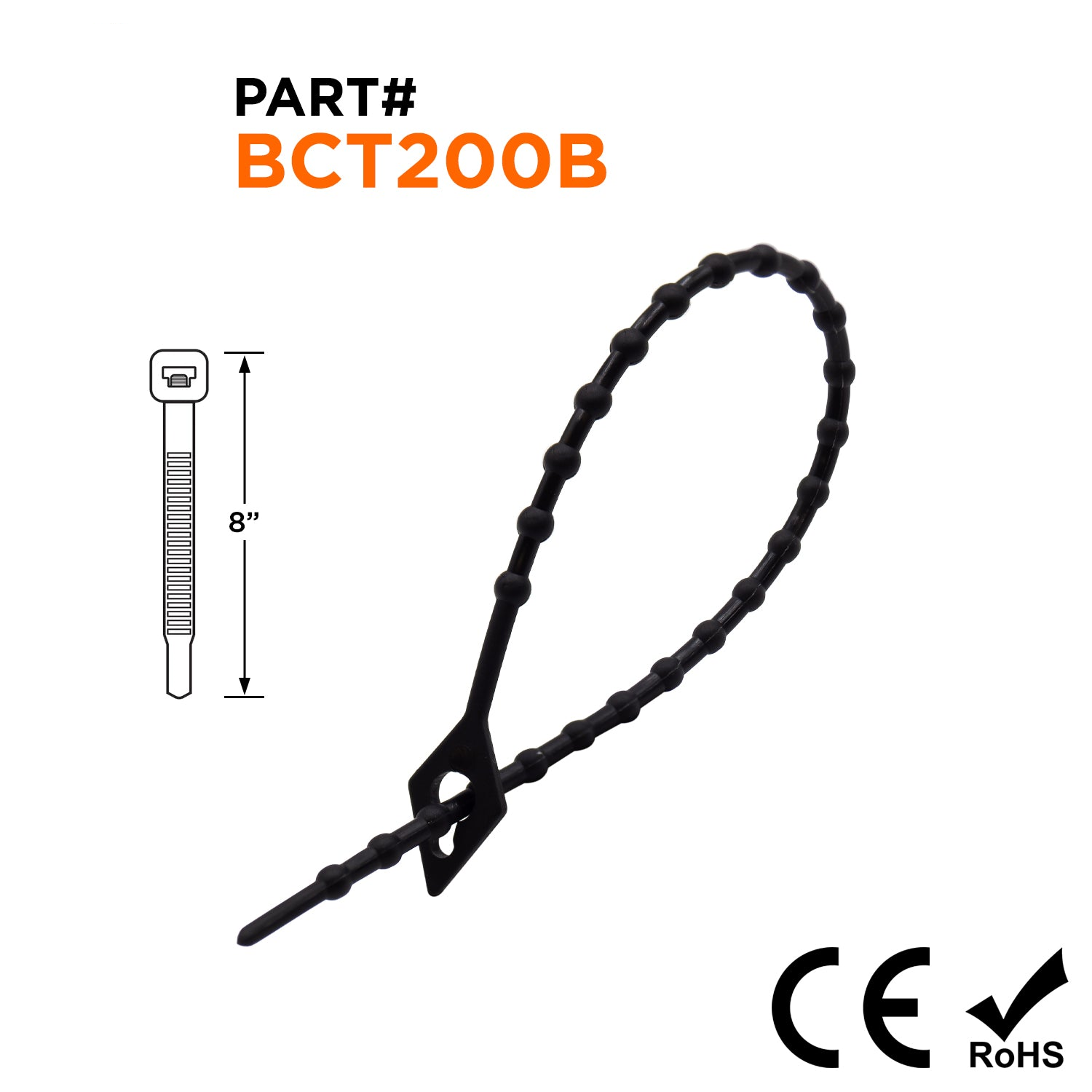 BCT200B - 8" Standard Beaded Nylon Reusable Cable Ties, 40-lb Tensile Strength, Black. UV Resistant, 100-Pack