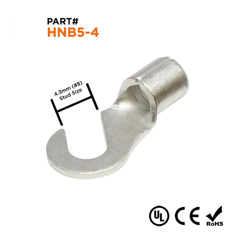 HNB5-4 - 12 to 10 AWG Non Insulated Hook Terminals, #8 Stud, UL Recognized, 100 Pieces