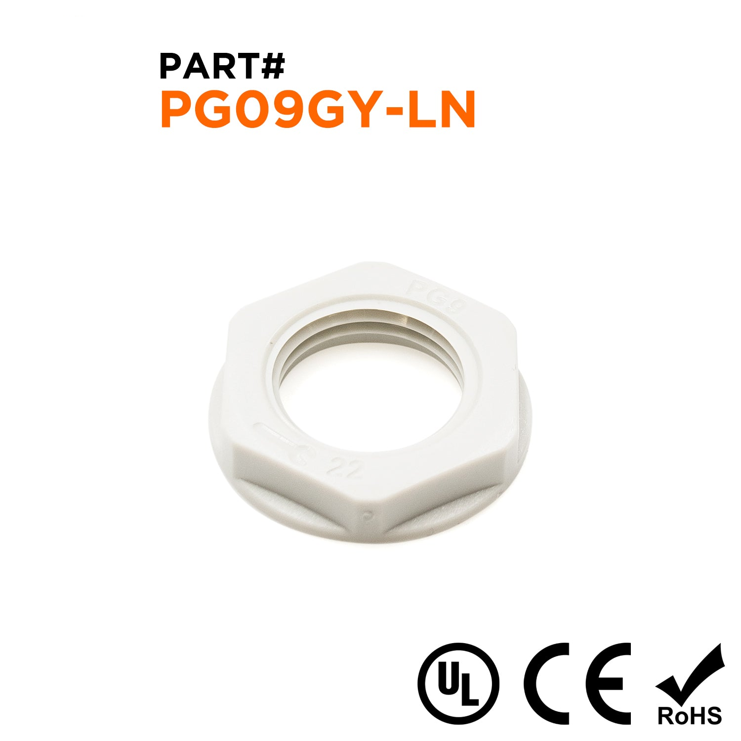 PG9 Rosca De nailon Lock Nut para PG Prensaestopas, Gris, UL Approved, 1 pieza - PG09GY-LN
